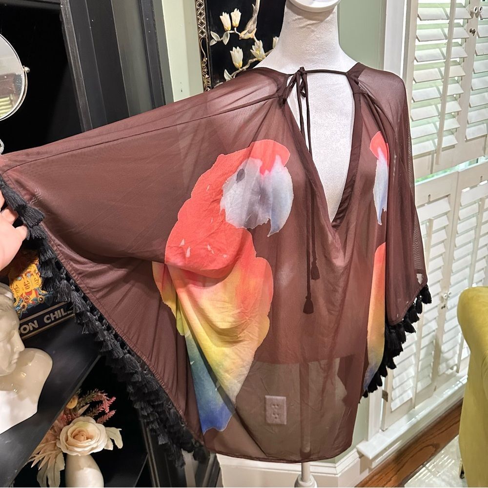 Chaser Parrot Print Tassel Sheer Oversized Top – Size XS/S (NWT, Fits Up to L